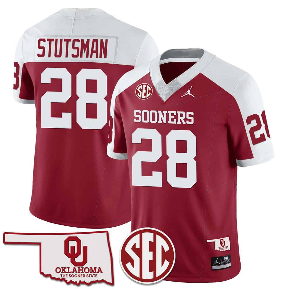 Men Oklahoma Sooners 28 Stutsman Red 2024 SEC Patch Vapor Premier Limited NCAA Jersey